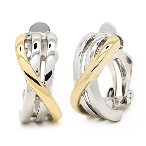 Clip on Earrings Gold Plated Two Tone Criss Cross Crossover Women Fashion