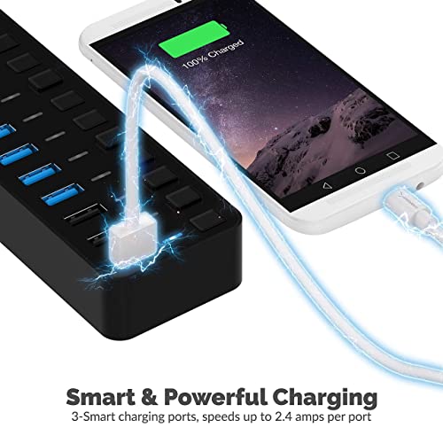 60W 10 Port Usb 3.0 Hub Includes 3 Smart Charging Ports With Individual Power Switches And Leds And 60W 12V/5A Power Adapter+Usb 3.0 Extension Cable A Male To A Female [Black] 3 Feet #TOP3