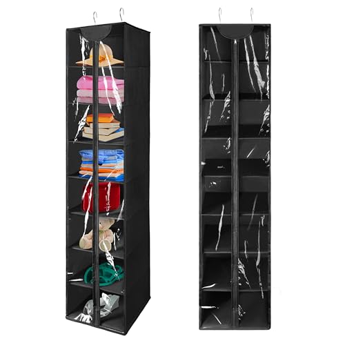 Libeder Hanging Closet Organizer, 8-Shelf Wardrobe Clothes Storage Organizer with Zipper,Hanging Shelves for Sweater,Shoes,Purse,Hats,Black