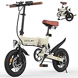 ESKUTE E Bike Herren F200, 14 Zoll Klapprad Elektrofahrrad, 36V 7.8Ah Akku Lange Reichweite bis 35-50KM, Mini Faltbike mit Handyhalterung & USB-Ladeanschluss, E-Mountainbike, Cremeweiß