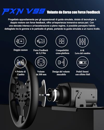 V99 Volante da Gioco – Sterzo da Gioco con Force Feedback 3,2 Nm, 270°&900°, 300 mm, 4 Palette, 3 Pedali, Leva del Cambio a H, App di Configurazione – Volante per PC, Xbox, PS4 - Controller - Immagine 2
