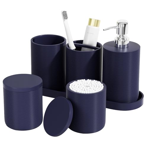 6-Piece Bathroom Accessory Set Resin, Navy Blue Bath Accessories Complete with Toothbrush Holder, Lotion Soap Dispenser, 2 Qtip Holders,Vanity Tray,Bathroom Tumbler - Countertop Vanity Organizer