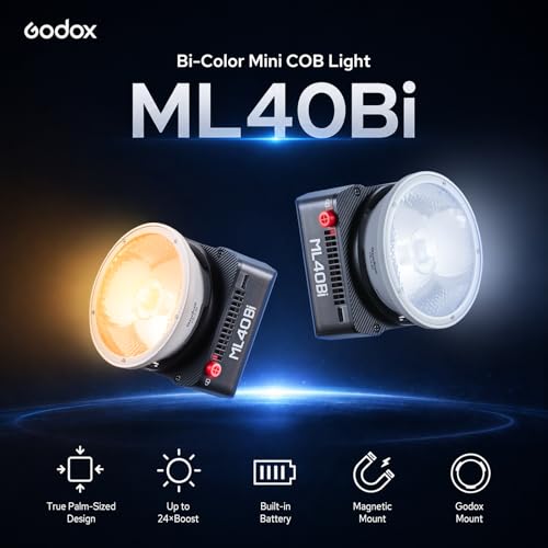 Image of Godox ML40Bi Mini COB Video Light 40W, 26400lux@1m, Handheld Portable Bi-Color COB LED Continuous Output Lighting w /Built-in 4800mAh Battery, CRI /TLCI 96+ 0-100%, 11FX, NFC APP Photography Spotlight