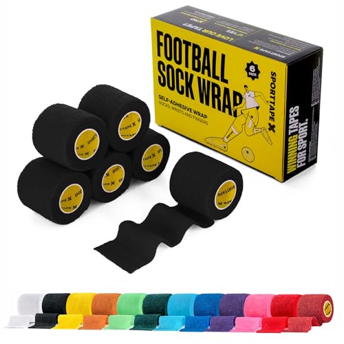 SPORTTAPE 6 Rolls Football Sock Tape, 5cm x 4.5m, Black - Self-Adhesive Cohesive Bandage, Compression Wrap & Sports Stretch Tape for Ankles, Joints, Socks, Vet, Pet Wrap for Dogs and Horses