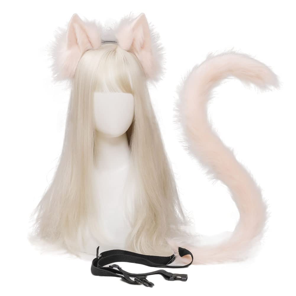 Handmade Cat Ears Headband and Tail Set, Flexible Animal Fox Ears Hair Hoop Tail Cosplay Party Costume Fancy Dress Accessories (Pink)
