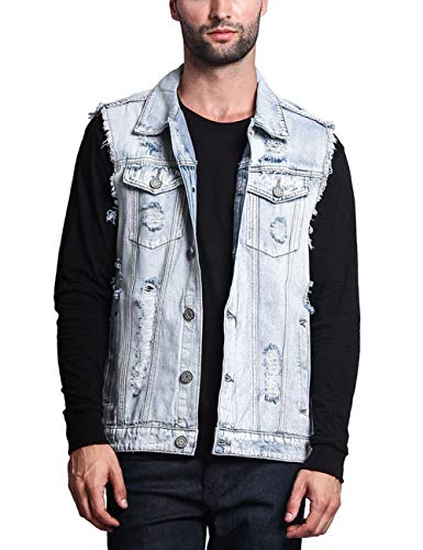 Men's Oversize Sleeveless Distressed Denim Vest Shirts Button Front Ripped Utility Pockets Jeans Vest Jackets(15632LB-2XL)