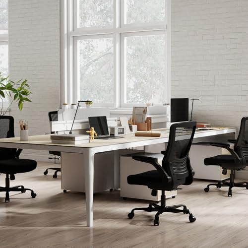 Image of Mesh Office Chair, Comfy Desk Chair with Flip-Up Armrests, 4PC | 300 LBS Capacity, Black Breathable Mesh, Adjustable Height, 360 Swivel Wheels, Computer Chair for Study, Home Space Saving
