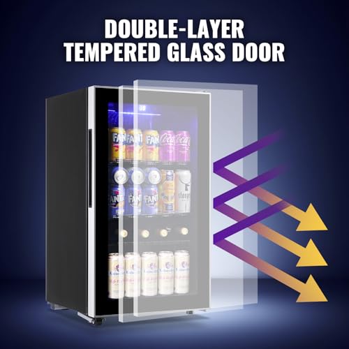 Image of WANAI 3.5 Cu.ft Beverage Refrigerator & Mini Cooler with LED Touch Panel 125 Can Small Beer Fridge with Glass Door for Wine Soda Juice Clear Front Removable Shelves for Home Office Bar