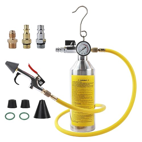 Valvola di limitazione automatica della pressione e manometro. Il kit AC Flush dispone di una valvola di scarico automatica della pressione regolabile e di un manometro di facile lettura per il controllo preciso della pressione di scarico (fino a 150 PSI). Quando la pressione supera 170PSI, la valvola allevia automaticamente la pressione per garantire un funzionamento sicuro. La pressione è facile da regolare con una chiave a brugola (non inclusa) che rende la pulizia più sicura e controllabile.