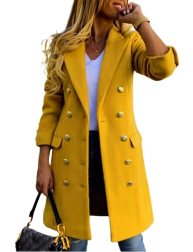 Kinghua Wool Coats for Women Warm Fall Winter Double Breasted Notched Lapel Midi Long Wool Peacoat Jacket (Yellow, L)