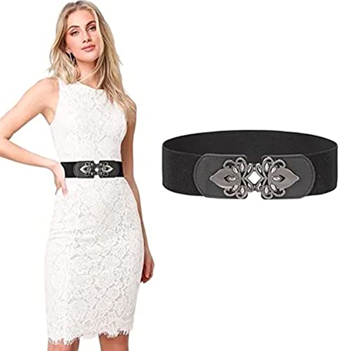 2PCS Wide Elastic Belts for Women, Vintage Metal Buckle Dress Belts Retro Style Stretchy Waistband Clothing Accessory 2.4 Width2