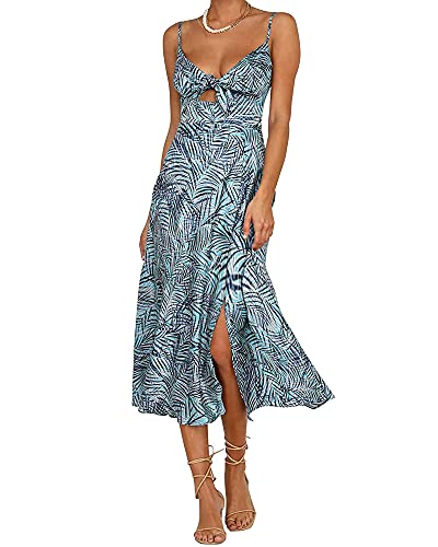 Image of Fashionme Women Spaghetti Strap Midi Satin Dresses Tie Front Backless Slit Cutout Dress Semi-Formal /Casual Flowy Lightweight