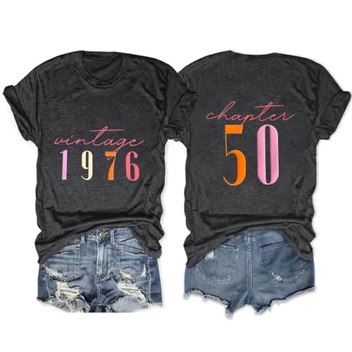 Vintage 1976 T Shirts for Women Chapter 50 Tshirts 50th Birthday Gifts Shirts Short Sleeve Tee Tops Dark Gray XXL