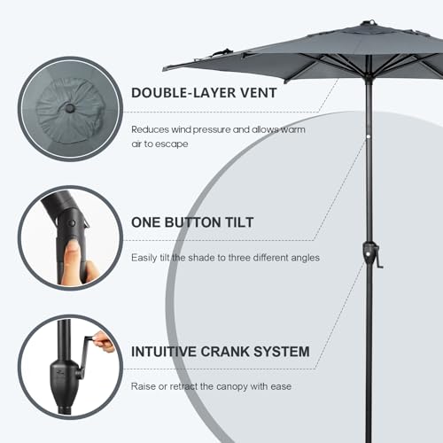 Image of Abba Patio 7.5FT Lyon Outdoor Patio Umbrella Outdoor Table Umbrella with Push Button Tilt and Crank Market Umbrella 6 Sturdy Ribs UV Protection Waterproof for Garden Deck Backyard Pool Grey