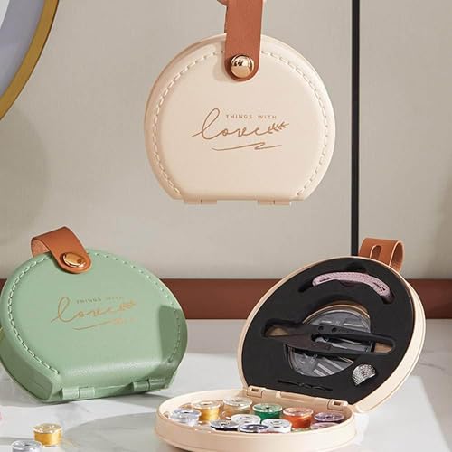 Image of Curated Cart Portable Sewing Kit Combo - Sui Dhaga Kit Organizer - Thread, Scissors, Needles, Pins, Measuring Tape, Thimble - DIY Travel & Home Sewing Repair Set - Sewing Thread Box Mini Set - Beige