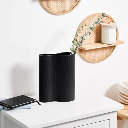 Luxe Infinity Black Vase. 9” Ribbed Vase For Flowers. Organic Modern Home Decor. Pampas Grass Vase. Fluted Vase. Modern Vase. Aesthetic Vase. Tall Black Flower Vase For Decor.  Black Ceramic Vase #TOP1