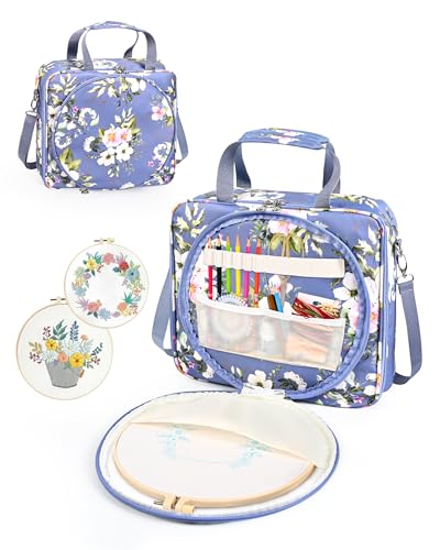 Telawsfun Embroidery Project Bag Organizer Embroidery Supply Storage Bag with Removable Binder Portable Carrying Tote for Thread Tools and Accessoriess Bag Only (Flower)