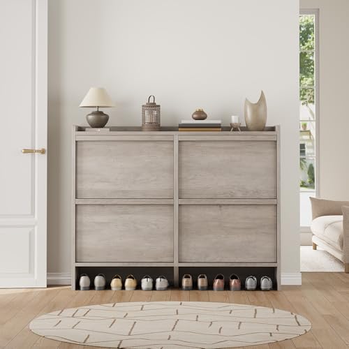GarveeHome Shoe Cabinet with 4 Flip Drawers, Wooden Shoe Organizer Cabinet with Adjustable Shelf, Shoe Storage for Entryway, Hidden Shoe Cabinet for Hallway, Living Room, Grey