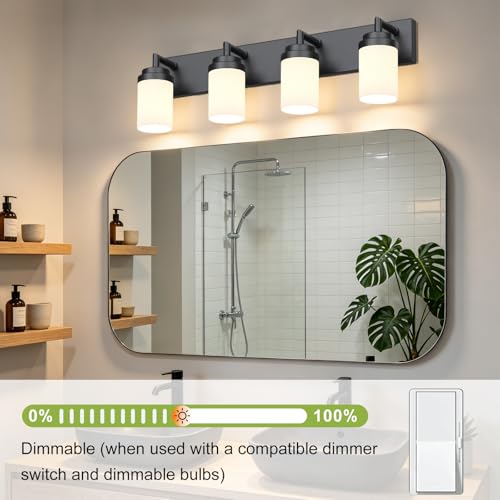 Image of Bathroom Light Fixtures, Matte Black Bathroom Lighting Fixtures Over Mirror, Modern Vanity Light with White Glass Shade, Restroom Lighting Fixtures, 4-Light 30-inch