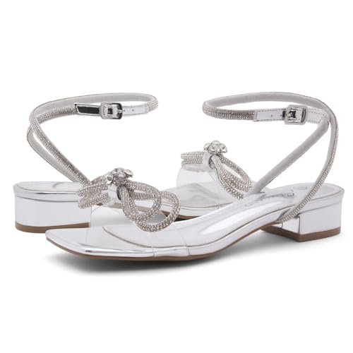 Image of Shoe Land Low Heels for Women 1 Inch Chunky Block Heeled Sandals Square Open Toe Strappy Ankle Strap Dressy Sandals for Wedding Prom Party Office