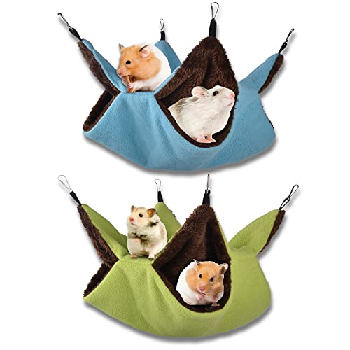 Hamac pour Petit Animal de Compagnie, Balançoire Double Couche pour d'Inde Rat, Hamac de Cage pour Cochon, Suspendu Couchage Chaud à Suspendre pour Hamster Furet Chinchilla Écureuil(Bleu+Vert)