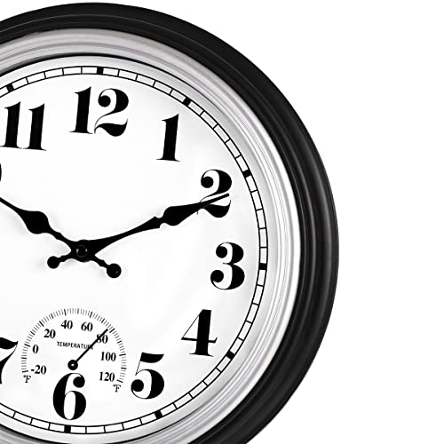 45Min 12 Inch Indoor/Outdoor Retro Round Waterproof Wall Clock With Thermometer, Silent Non Ticking Battery Operated Quality Quartz Wall Clock Home/Patio Decor(Silver F) #TOP2