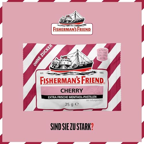Fisherman's Friend Cherry, 24er Vorratsbox, Kirsche und Menthol Geschmack, zuckerfrei & vegan, Bonbons für frischen Atem, 24 x 25g