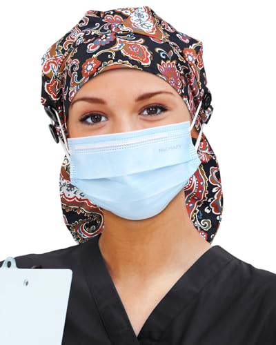 Image of Satin Lined Scrub Cap for Women Extra Large Long Hair Surgical Nurse Cap 4 Buttons