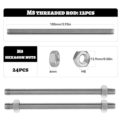 AIMEKE 12 Stück M8 Gewindestange 100 mm Gewindestangen 304 Edelstahl Voll Gewindestange, DIN 975, Gewindestab mit 24 M8 Sechskantmutter (Silber)