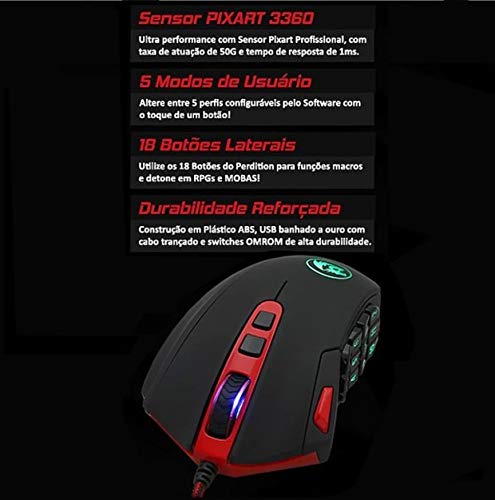 Mouse Gamer, Perdition 2 Redragon com 24000 DPI e 18 botões, M901-1