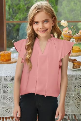 Image of DOKOTOO KIDS Girls Short Sleeve Blouse Dress Shirt Top Size 7-15 Years Old | None Elastic Fabric, Ruffle V Neck, Pull on, Solid Collared Formal, Flowy Casual Flutter Spring Summer Western Top