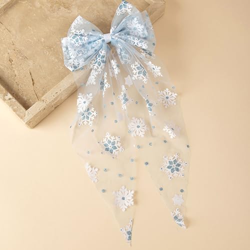 Lace Snowflake Bow Hair Clips for Women Christmas Bow Clip Blue White Snowflake Alligator Clips Winter Hair Pins Bowknot Girl Hair Accessories for Winter Christmas Festival Party (01)