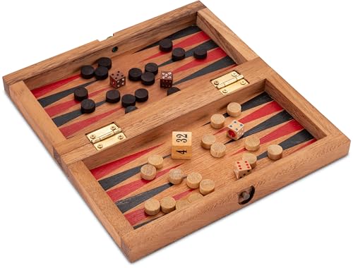 Backgammon + Dame Gr. S - aus Holz mit klappbarem Spielbrett 21 x 21 cm und rot/schwarzen Backgammon-Feldern