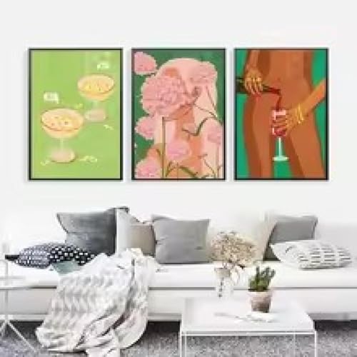 Tableau Cadre Salon Moderne Boho Femme Verre de Vin Toile Grand Format pour Mur Vide