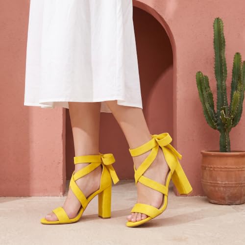 Image of Strappy Heels for Women Chunky Heels High Heeled Sandals with Lace Up Fahsion Casual Nude Block Heel Sandals