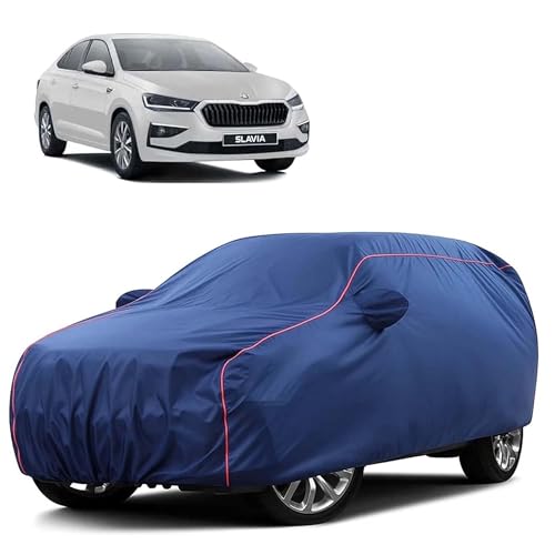 Image of Sulfar 100% Water Resistant Car Body Cover Compatible with Mirror for Skoda Slavia (Triple Stitched, Full Bottom Elastic, Blue Tafetta with Red Piping)