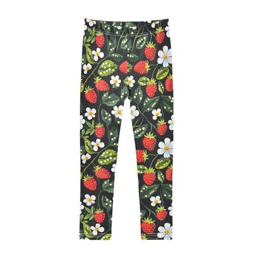 Strawberry and White Flower A Girls Leggings Athletic Pants Tights Stretch Bottom