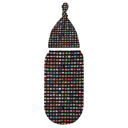 Image of Unisex Newborn Swaddle Blanket with Beanie Hat - Flag Pattern - Perfect for Baby Shower Gifts - Suitable for Newborns (0-6 Months) - Polyester Fabric