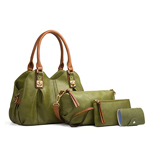 FANDARE Women's Handbags Cloud pleated Top-handle Bags Ladies Waterproof Shoulder Bag Soft Leather Cross-Body Bags 4 Pcs Set for Work Travel Office Party Shopping Green