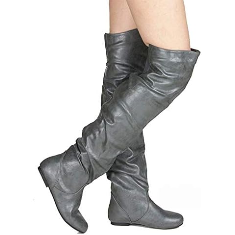 MWbetsy Womens Leather Ruched Over Knee Boots, Thigh Sexy Stretch High Boot Retro Round Toe Low Heel Flat Boot Fashion Casual Riding Shoes,Gray,37 Cover