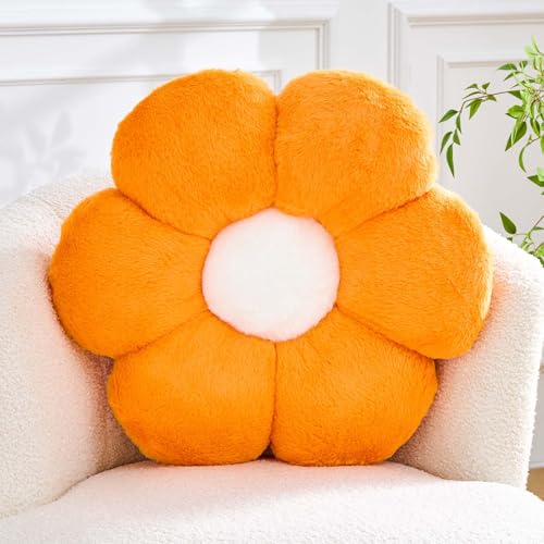 Image of Kcvvcr Flower Pillow Cute Decorative Throw Pillow with Faux Rabbit Fur Soft Daisy Plush Floor Cushion Aesthetic Flower Shaped Pillow Home Decor for Bed Sofa Couch (Orange 19.6 Inch)