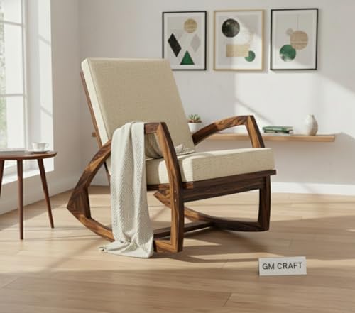 Image of Solid Sheesham Wood Rocking Chair for Living Room - Upholstered Relaxing Chair - Wooden Rocking Chair for Adults for Home Outdoor Indoor (Walnut, Cade)