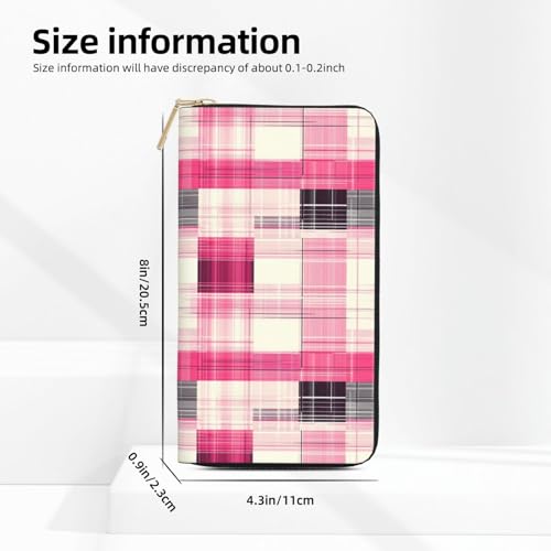 Fashion Pink Plaid Print Wallet Women Men, Long PU Leather Wallets for Women, Cute Womens Travel Wallet Purse Pouch with Zipper Pocket3