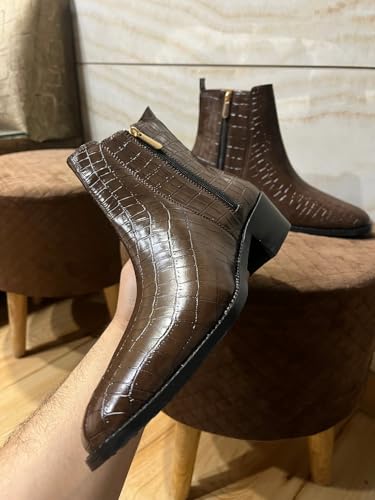 Image of LOZANO Premium Croco Texture Chelsea Leather Boots for Men | High Ankle Cuban Heel Round Toe Zip Closure Cushioned Insole Boot