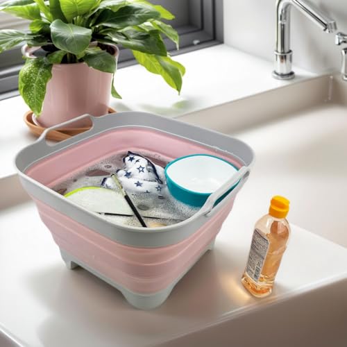 SAMMART 10L (2.6 gallons) Collapsible Plastic Dishpan with Draining Plug - Portable Washing Tub/Basin - Foldable Tub - Space Saving Kitchen Storage (Grey/Pale Pink)