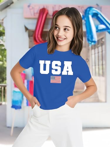 Image of VVNTY Girls American Flag Crop Tops Kids USA Crop Shirt Patriotic 4th of July Tops 5-14 Years