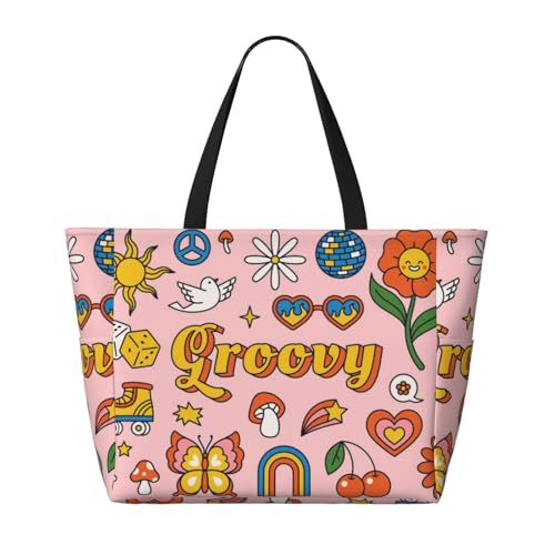 Retro 70s Hippie Print Beach Pool Bags Tote For Women Ladies Large Gym Tote Carry On Bag For Weekender Travel Waterproof2