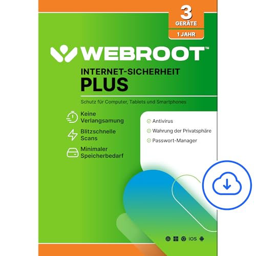 WEBROOT Internet Security Plus 2025 | + Passwort-Manager, Smartphone and Tablet | 3 Geräte | 1 Jahr | Mac/Windows/iOS/Android/Chrome | Aktivierungscode per E-Mail
