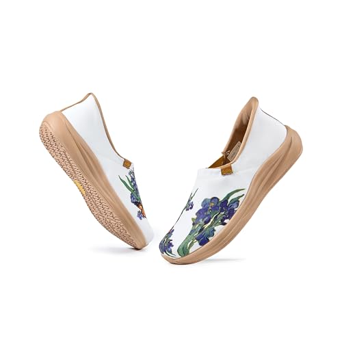 KVOW Womens Colorful Floral Sneakers Loafers Unique Funky Slip on Wide Toe Box Shoes Casual Walking Tennis Comfort Wear Art Painted Travel Spring Summer Beige Size 8.5 Wide