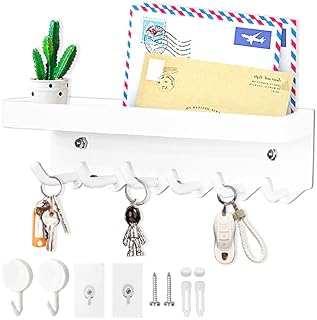 Echehi 6 Hooks Modern Key Holder, Multifunctional Self Adhesive or Drilling 2 Ways Installation Wall Key Rack, Key Hooks Wall Mounted for Entrance Area, Kitchen, Office, Bathroom, Living Room (White)